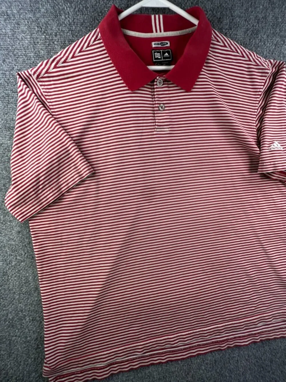 Adidas Mens Large Red White Striped Short Sleeve Cotton Blend Polo Climalite